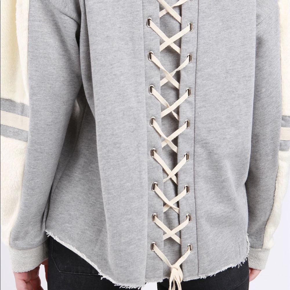 Last 1 ⬇️ Lace Up Sweatshirt w/ Velour Sleeve - Picture 5 of 5